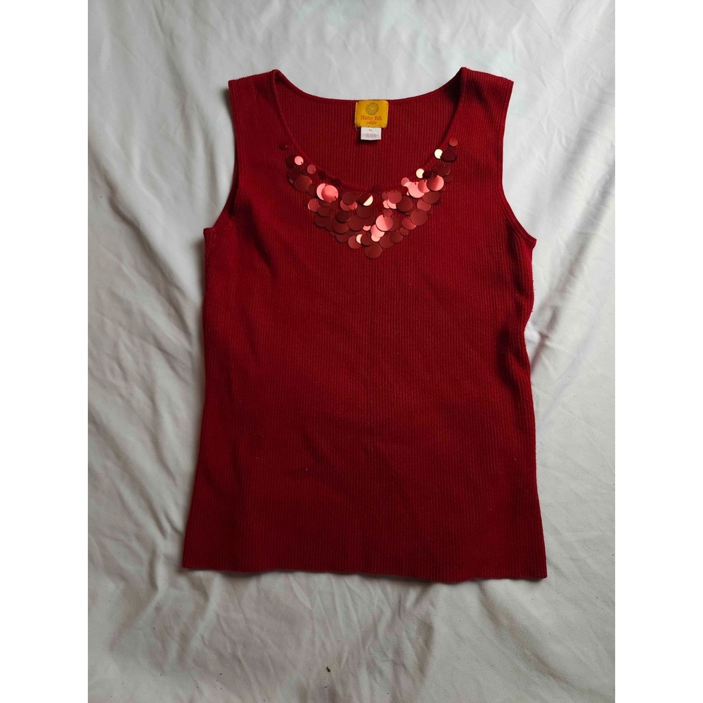 Ruby Rd Tank Top Womens Size PL Red Rib Knit Sequins Scoop Neck Sleeveless
